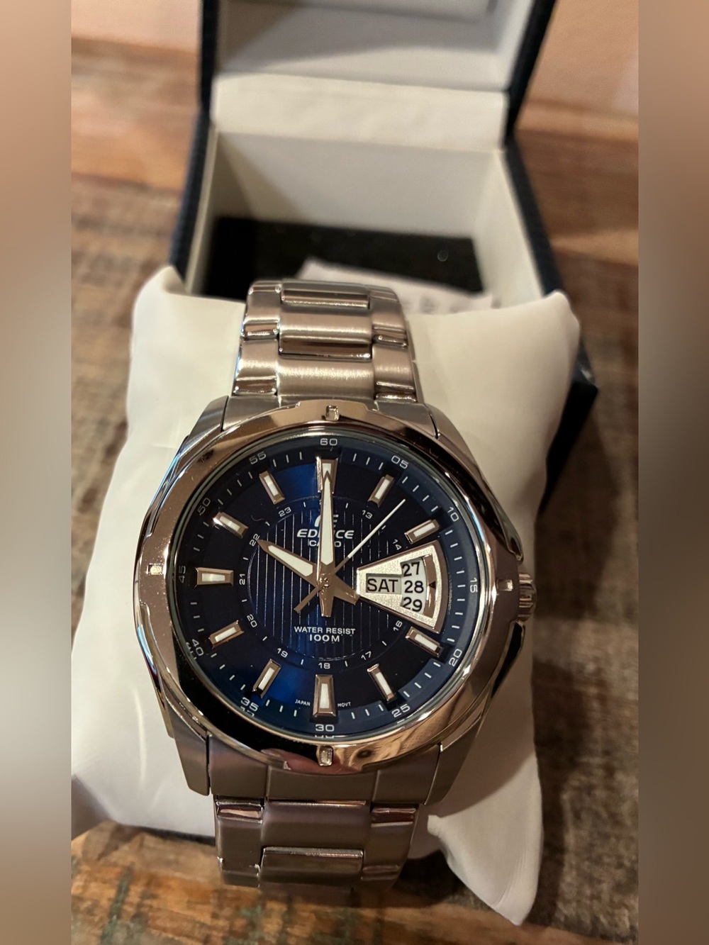 Casio Edifice EF-129 Men’s Analog Stainless Steel Blue Dial Watch Day Date 100M